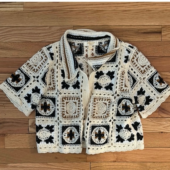 Tops - Crochet Granny Square Cardigan Top Cream/Black – S